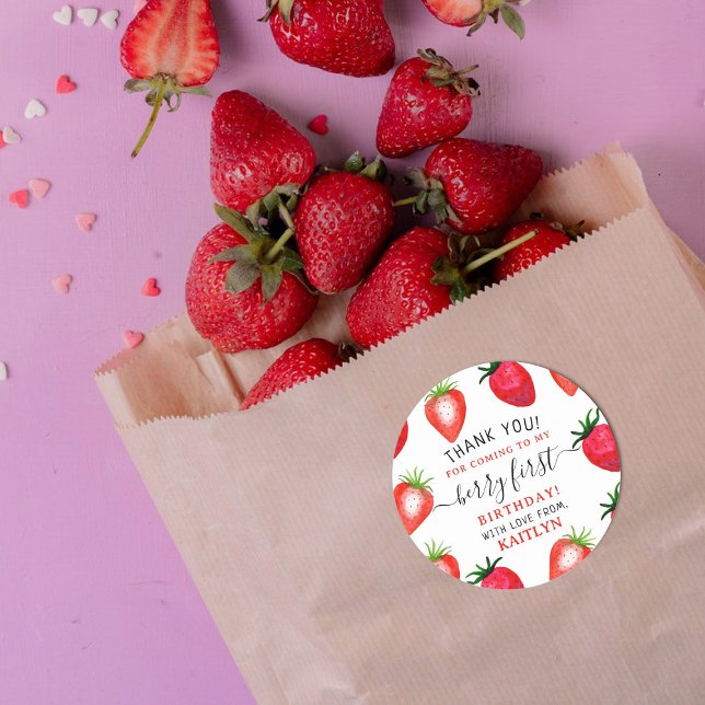 Pegatina Redonda Berry de fresa dulce primer cumpleaños (Subido por el creador)
