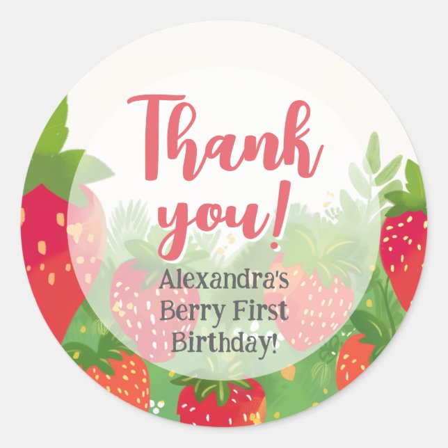 Pegatina Redonda Berry First Birday Chicas Strawberry Gracias (Anverso)