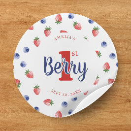 Pegatina Redonda Berry First Birday Party Strawberry & Blueberry