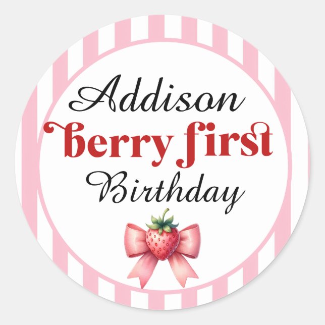 Pegatina Redonda Berry First Birday Strawberry and bow (Anverso)