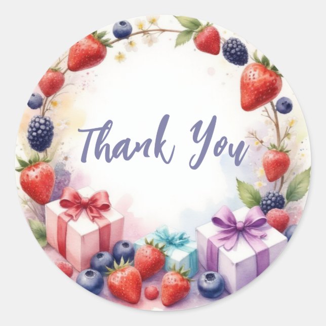 Pegatina Redonda Berry First Birday Strawberry Fiesta - Gracias (Anverso)