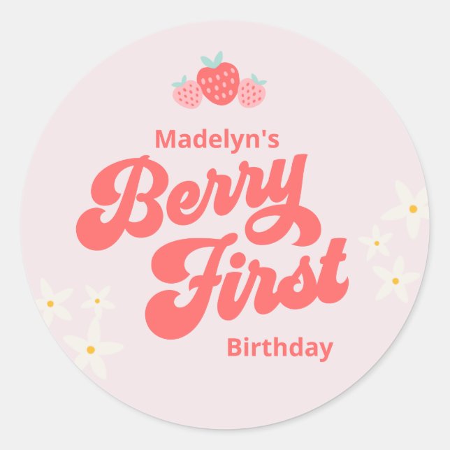 Pegatina Redonda Berry First Birday Strawberry Pink Classic Round (Anverso)