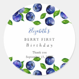 Pegatina Redonda Berry First Birday Watercolor Blueberry Cute