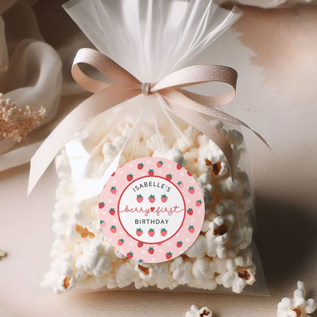 Pegatina Redonda Berry First Birthday 1er cumpleaños Fiesta de fres (Berry First Birthday 1st Birthday Strawberry Party Classic Round Sticker)