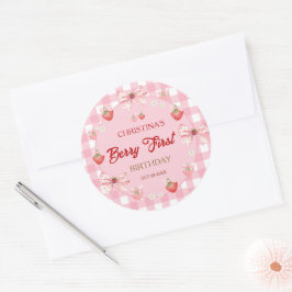 Pegatina Redonda Berry first birthday pink gingham strawberry girl