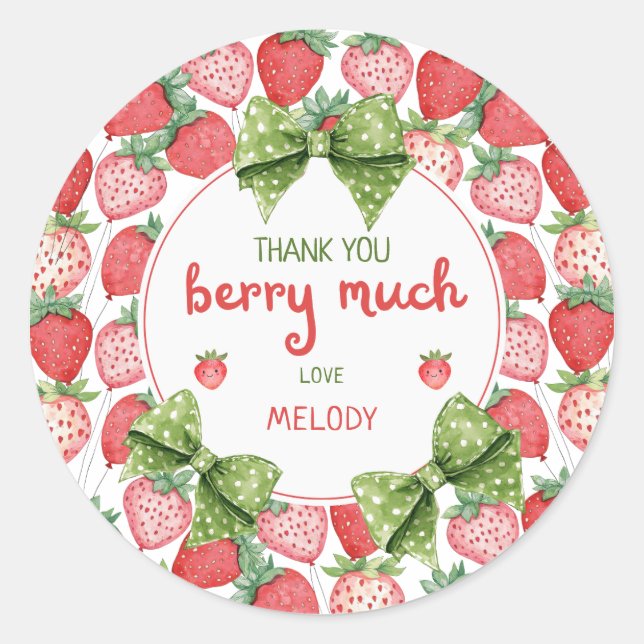 Pegatina Redonda Berry First Birthday Strawberry Thank You (Anverso)