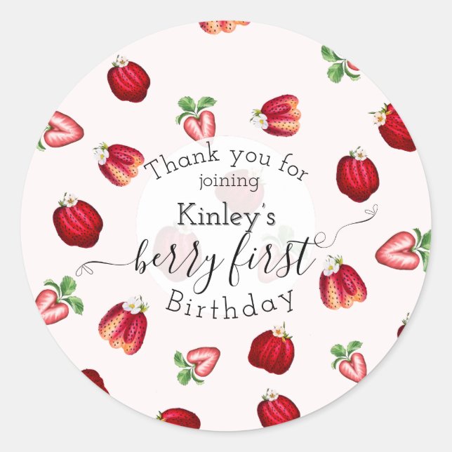 Pegatina Redonda Berry First Birthday Wild Strawberry Shortcake (Anverso)