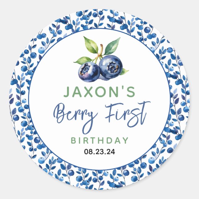 Pegatina Redonda Berry First Blueberry Primer Fiesta de cumpleaños (Anverso)