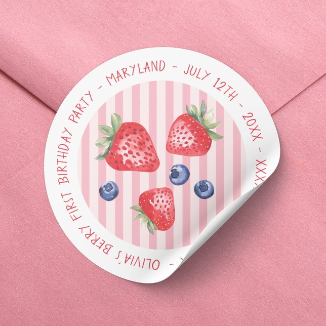 Pegatina Redonda Berry First Strawberries Chica Primer Fiesta de cu (Strawberries Baby Girl Berry First 1st Birthday Party Classic Round Sticker)
