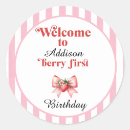 Pegatina Redonda Berry First Strawberry and bow Birday