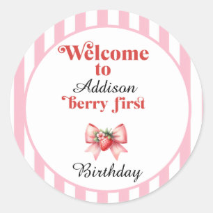 Pegatina Redonda Berry First Strawberry and bow Birday