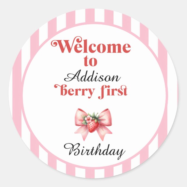 Pegatina Redonda Berry First Strawberry and bow Birday (Anverso)