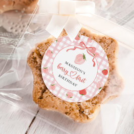 Pegatina Redonda Berry First Strawberry Pink Gingham 1er cumpleaños