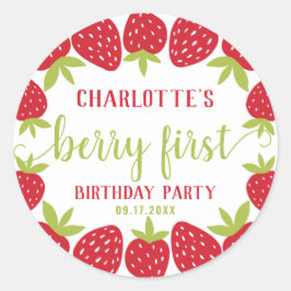Pegatina Redonda Berry First Strawberry Primer Personalizado Fiesta