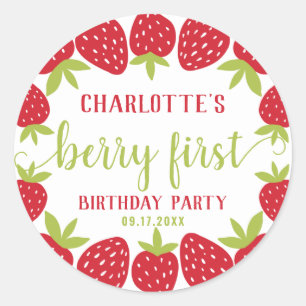 Pegatina Redonda Berry First Strawberry Primer Personalizado Fiesta