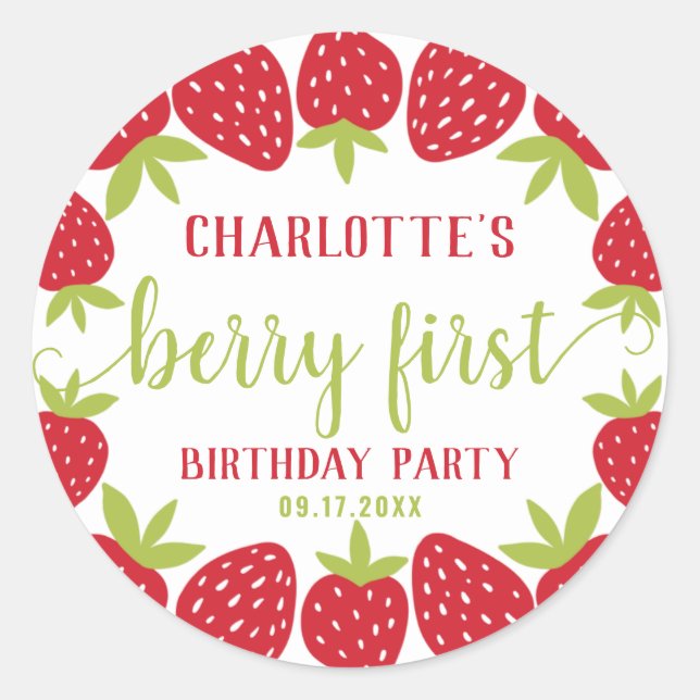 Pegatina Redonda Berry First Strawberry Primer Personalizado Fiesta (Anverso)