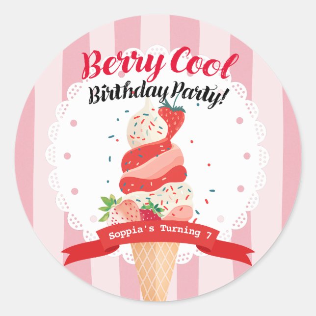 Pegatina Redonda Berry Guay Strawberry Ice Cream Cumpleaños (Anverso)