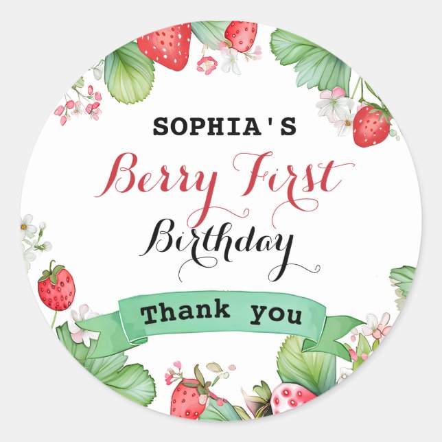 Pegatina Redonda Berry Lovely First Birday (Anverso)