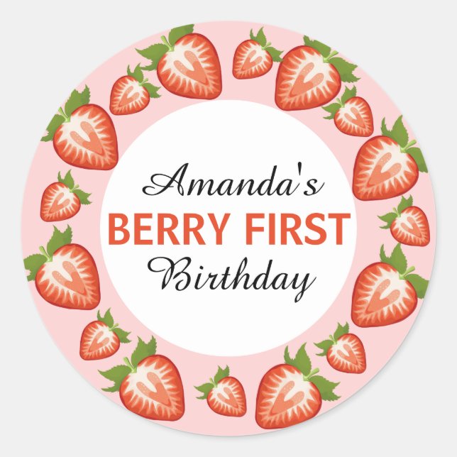 Pegatina Redonda Berry primer cumpleaños Berry Chica Strawberry ros (Anverso)