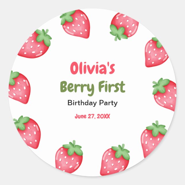 Pegatina Redonda Berry primer cumpleaños fresa primer cumpleaños (Anverso)