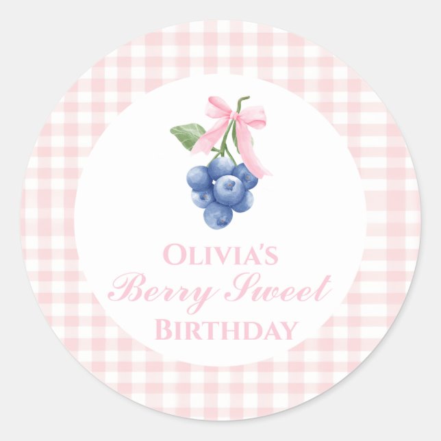 Pegatina Redonda Berry Sweeberry cumpleaños Pink Bow Gingham (Anverso)