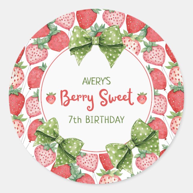 Pegatina Redonda Berry Sweet 7th Birthday Strawberry Party  (Anverso)