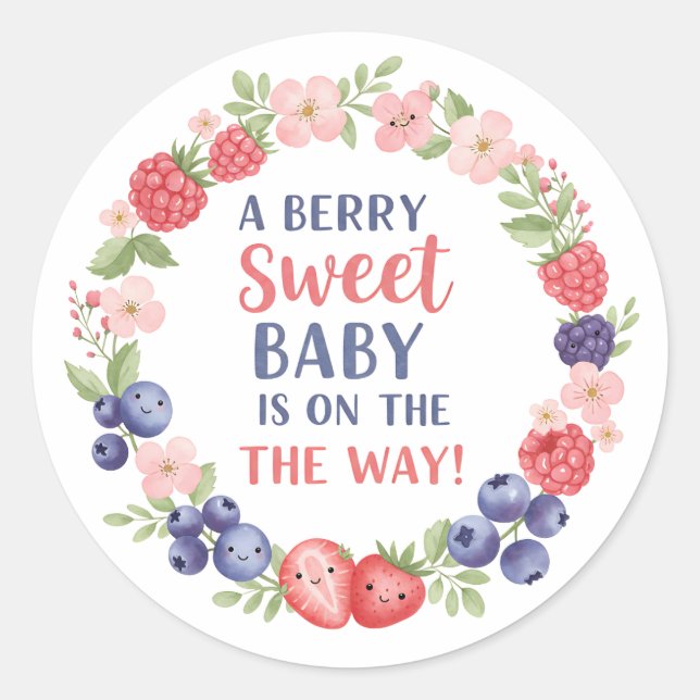 Pegatina Redonda Berry Sweet Baby Shower Watercolor (Anverso)