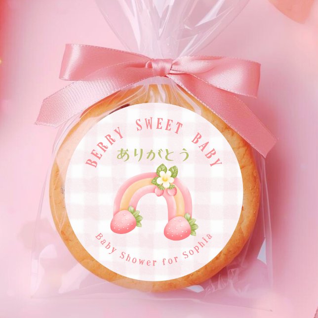 Pegatina Redonda Berry Sweet Baby Strawberry Rainbow Pink Gingham (Subido por el creador)