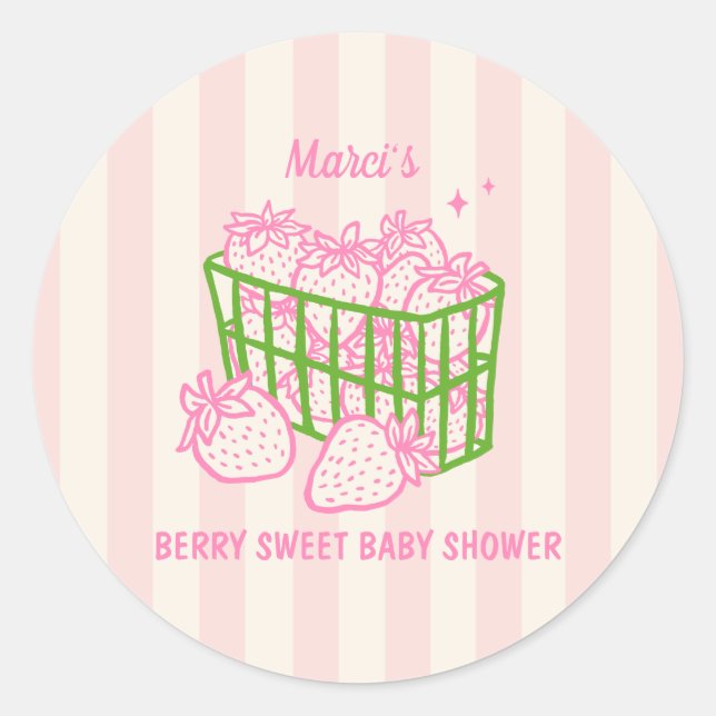 Pegatina Redonda Berry Sweet Doodle Pink Green Girl Baby Shower (Anverso)