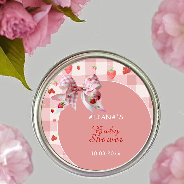 Pegatina Redonda Berry Sweet Pink Checkered Coquette Baby Shower (Subido por el creador)