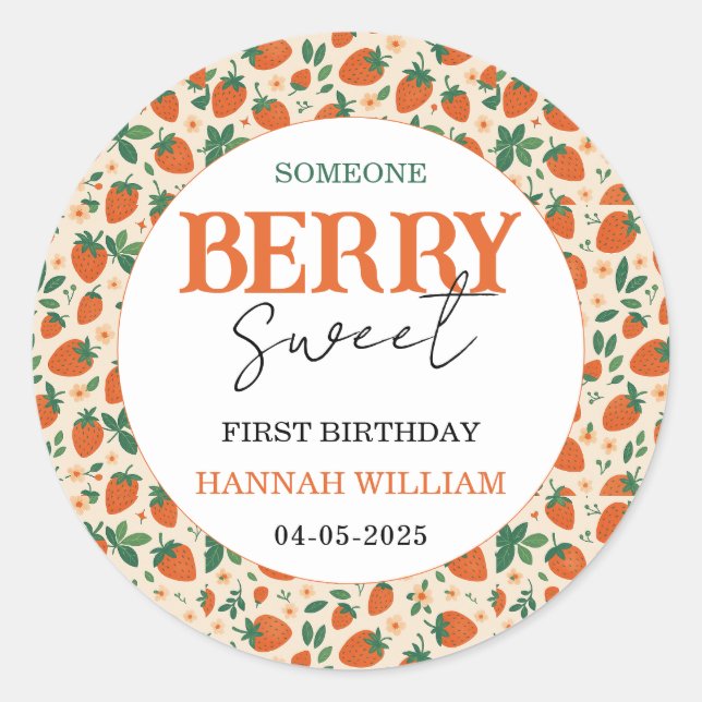 Pegatina Redonda Berry Sweet Strawberry 1st Birthday Party (Anverso)
