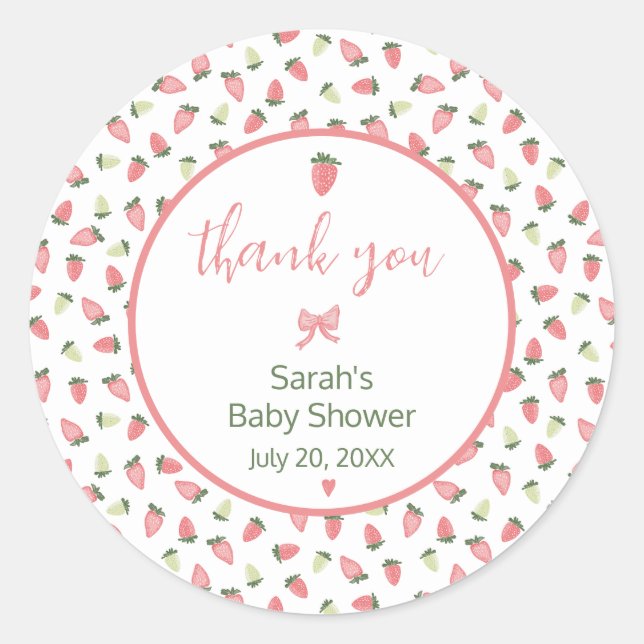 Pegatina Redonda Berry Sweet Strawberry Baby Shower Thank You (Anverso)