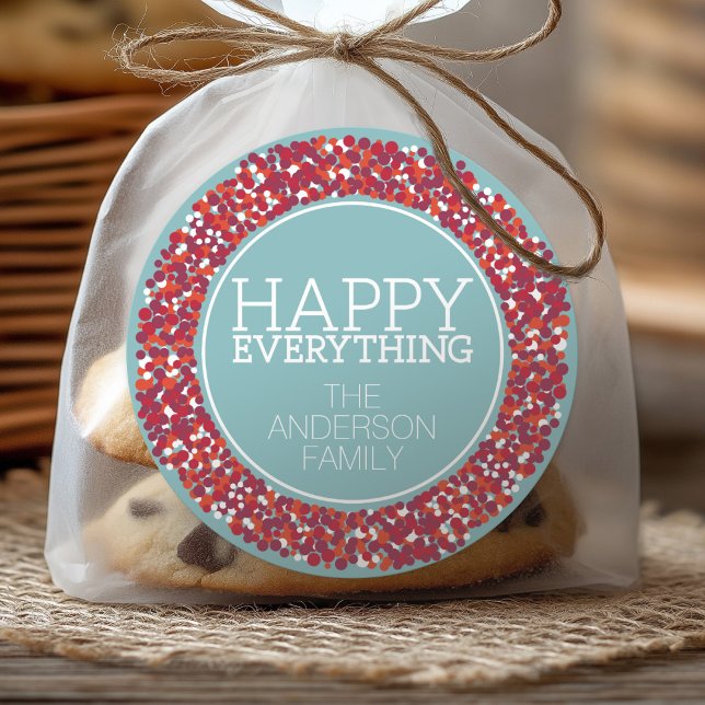 Pegatina Redonda Berry Wreath de vacaciones con todo feliz (Happy Everything Sticker - Customize with your family name)