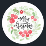 Pegatina Redonda Berry Wreath Merry Christmas Watercolor Script<br><div class="desc">Berry Wreath Merry Christmas Watercolor Pegatinas que dice "Feliz Navidad" en un elegante tipo de letra con letras a mano. Con la corona acuática exclusiva de NB Paper Co. Usar como sello</div>