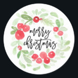Pegatina Redonda Berry Wreath Merry Christmas Watercolor Script<br><div class="desc">Berry Wreath Merry Christmas Watercolor Pegatinas que dice "Feliz Navidad" en un elegante tipo de letra con letras a mano. Con la corona acuática exclusiva de NB Paper Co. Usar como sello</div>
