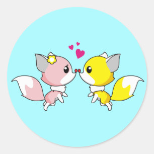 Pegatina Redonda Besada de la pareja de Fox con corazoncitos en la 
