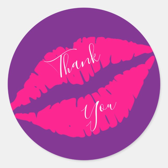 Pegatina Redonda Beso de arte pop con lápiz labial rosa Gracias (Anverso)