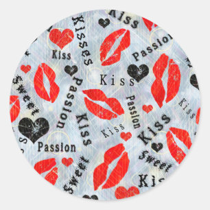 Pegatina Redonda Beso, labios rojos.