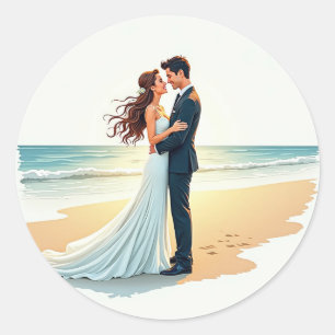 Pegatina Redonda Beso Romántico en la Playa