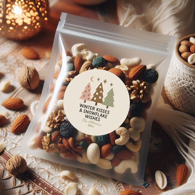 Pegatina Redonda Besos de invierno retro y deseos de copo de nieve (Subido por el creador)