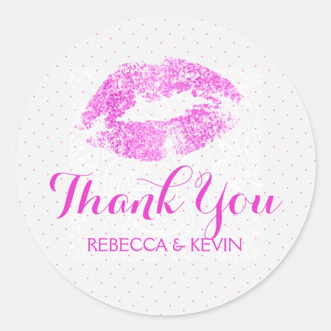 Pegatina Redonda Besos de labios rosas y puntos rosados gracias (Anverso)