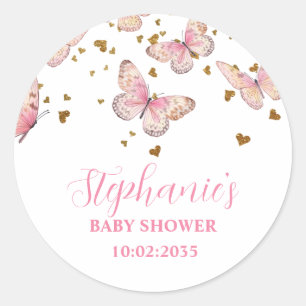 Pegatina Redonda Besos de Mariposa Rosa y Dorado Baby Shower 