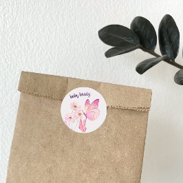 Pegatina Redonda Besos de mariposa y deseos de bebé | Mariposa rosa