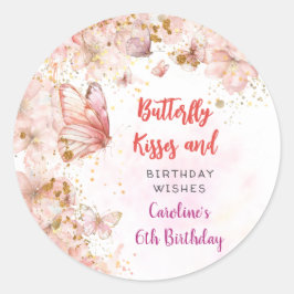 Pegatina Redonda Besos de mariposas y deseos de cumpleaños