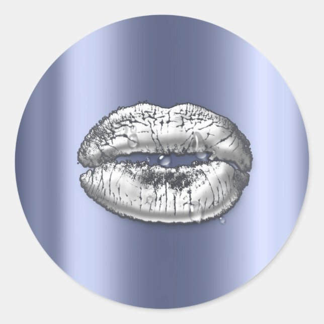 Pegatina Redonda Besos Lips Plateados Artista de maquillaje Azul Ca (Anverso)