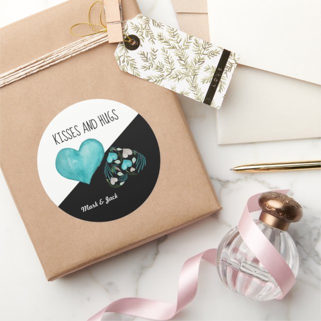 Pegatina Redonda Besos Y Abrazos Acuarela Corazones pintados a mano (Regalar)