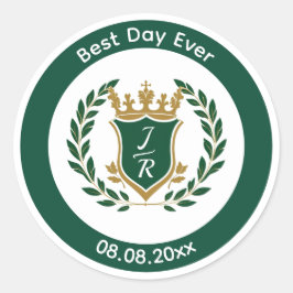 Pegatina Redonda Best Day Ever Wedding Monogram Green Gold Crest
