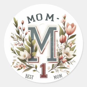 Pegatina Redonda Best Mom Number 1 – Vintage Floral Lettering Desig