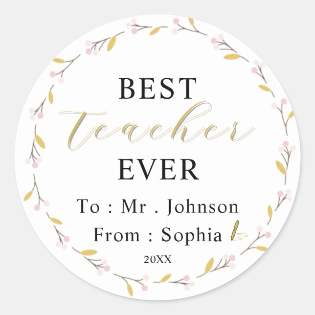 Pegatina Redonda Best Teacher Ever – Custom Name Sticker Gift (Anverso)