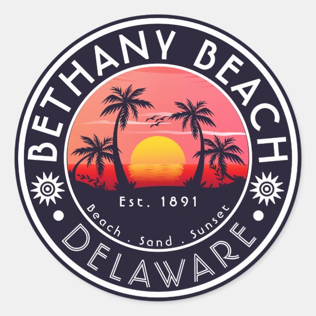 Pegatina Redonda Bethany beach Delaware Sunset Beach Palm Tree 80 (Anverso)